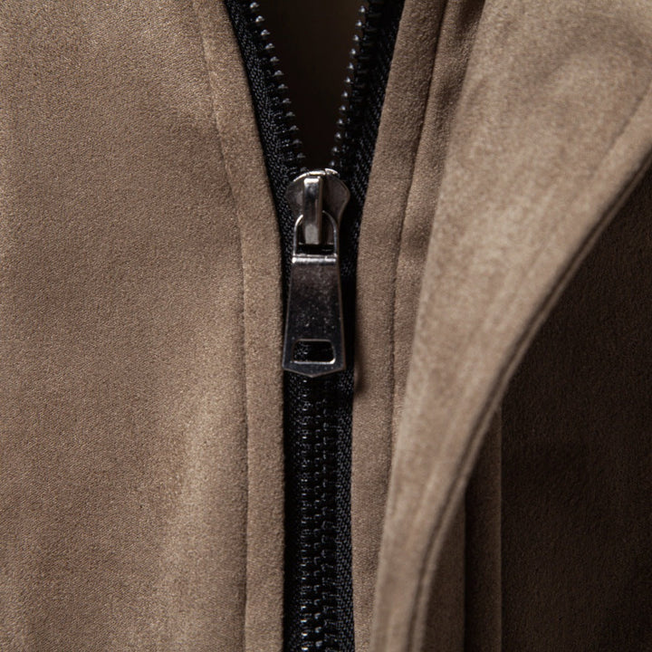 Regular Fit Faux Suede Zip Jacket Spread Collar Taupe 5