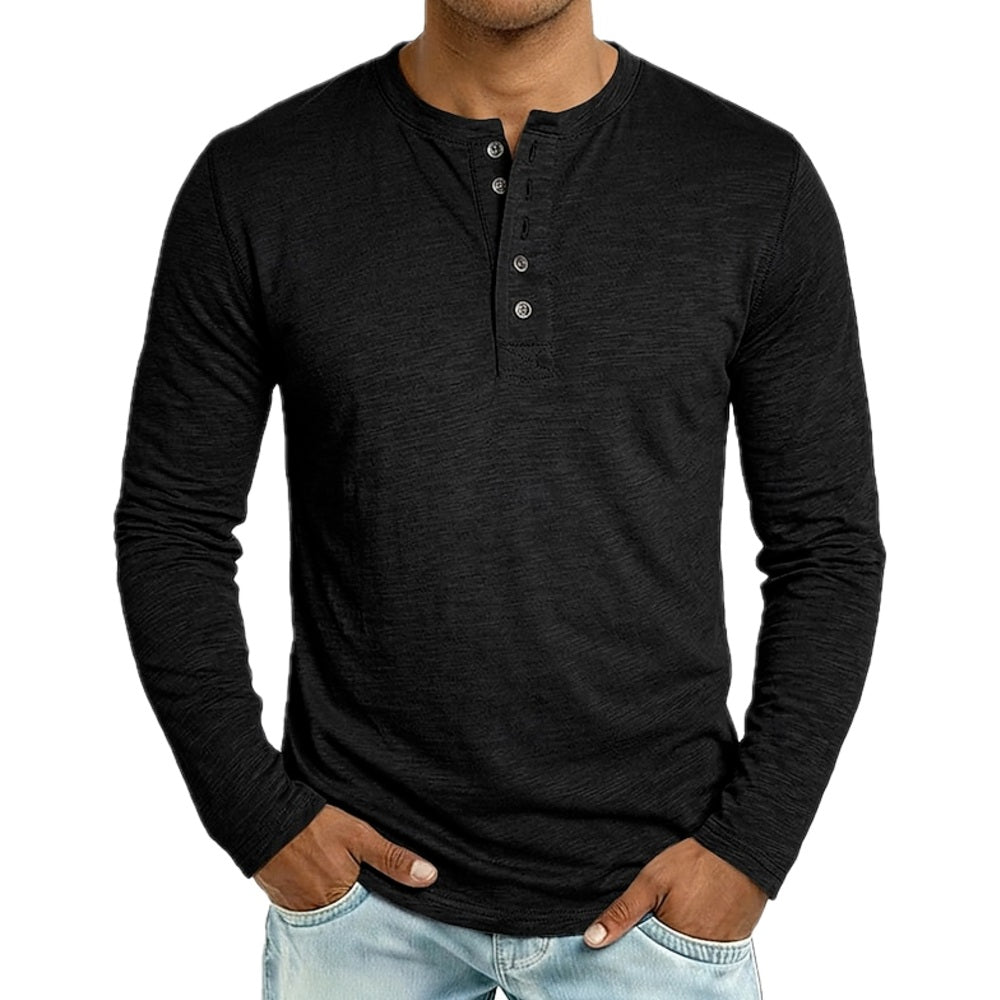 Regular Fit Henley Shirt Button Placket Long Sleeve Black 1