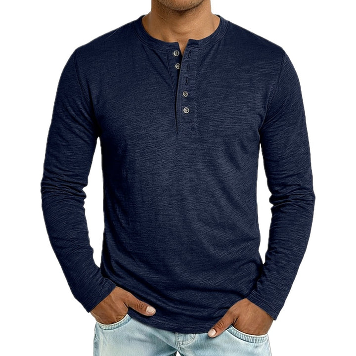 Regular Fit Henley Shirt Button Placket Long Sleeve Navy 1