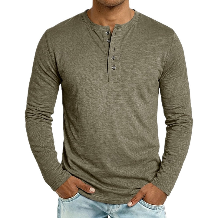 Regular Fit Henley Shirt Button Placket Long Sleeve Olive 1