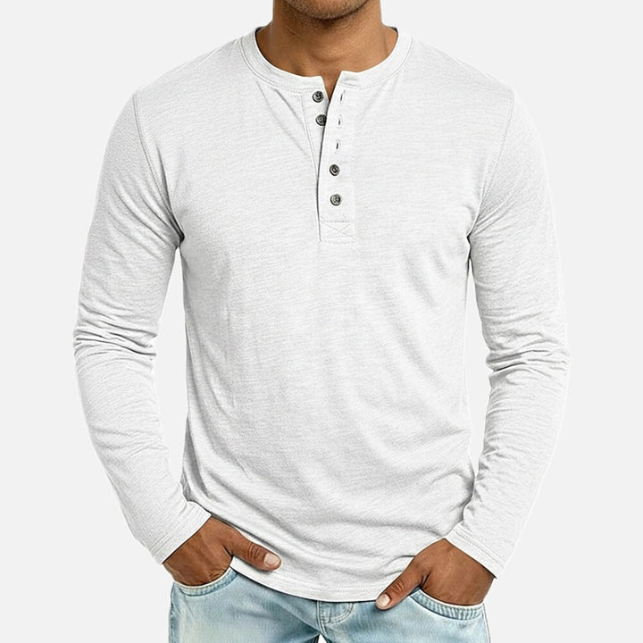 Regular Fit Henley Shirt Button Placket Long Sleeve White 1