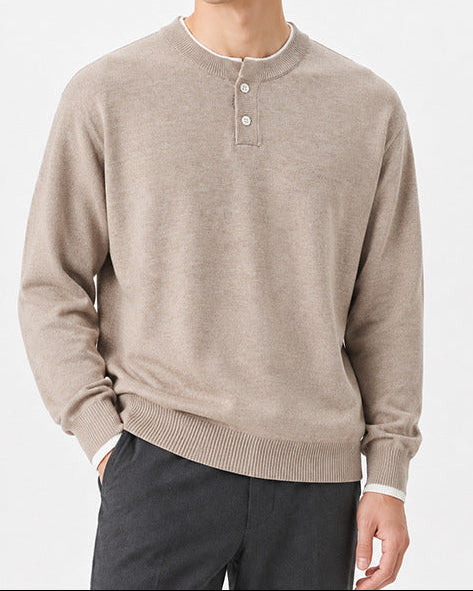 Regular Fit Knit Henley Sweater Long Sleeve Beige 2