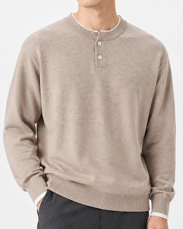 Regular Fit Knit Henley Sweater Long Sleeve Beige 3