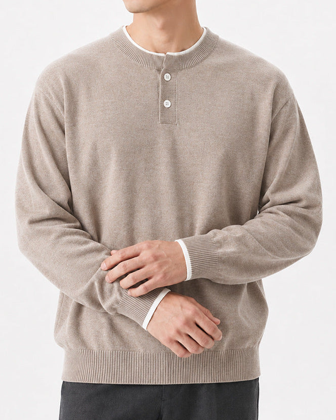 Regular Fit Knit Henley Sweater Long Sleeve Beige 4