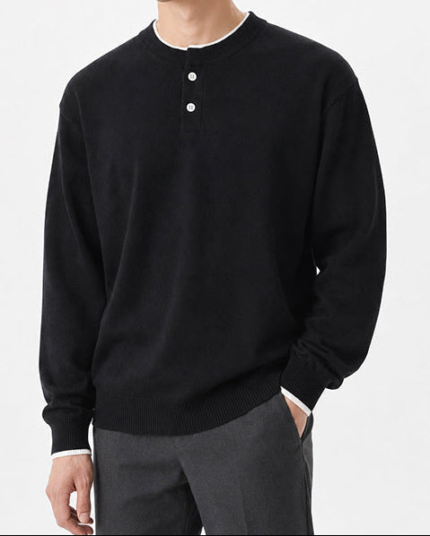 Regular Fit Knit Henley Sweater Long Sleeve Black 1