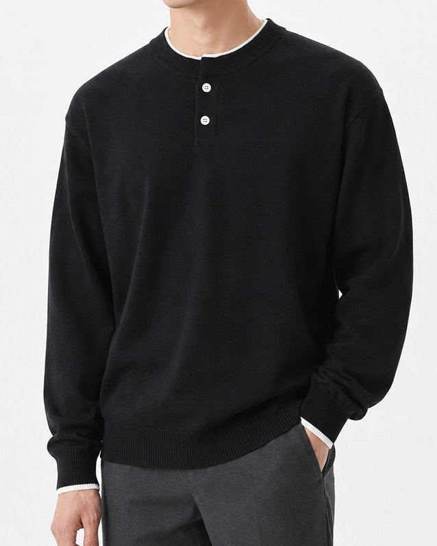 Regular Fit Knit Henley Sweater Long Sleeve Black 2