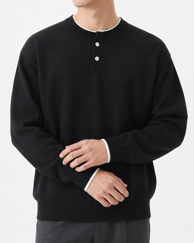 Regular Fit Knit Henley Sweater Long Sleeve Black 3