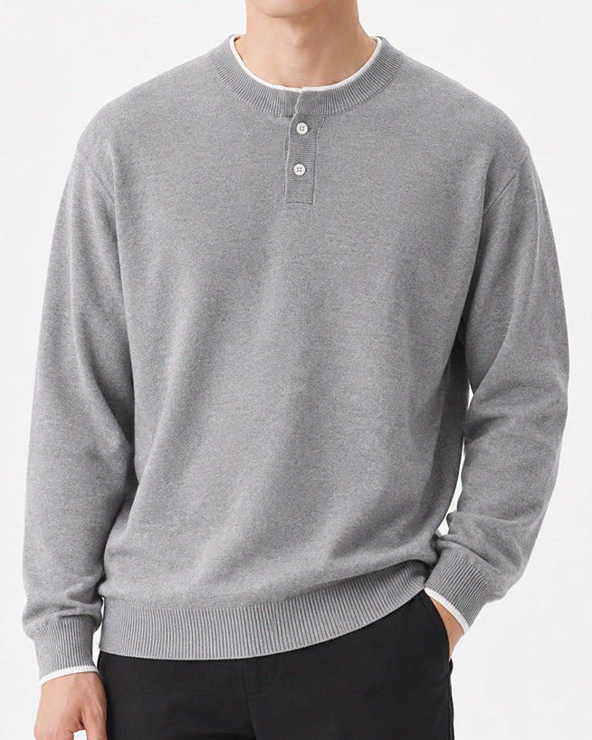 Regular Fit Knit Henley Sweater Long Sleeve Gray 2
