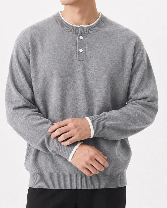 Regular Fit Knit Henley Sweater Long Sleeve Gray 3