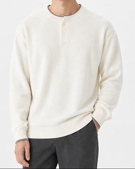 Regular Fit Knit Henley Sweater Long Sleeve White 1