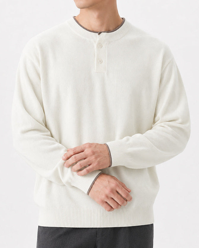 Regular Fit Knit Henley Sweater Long Sleeve White 2