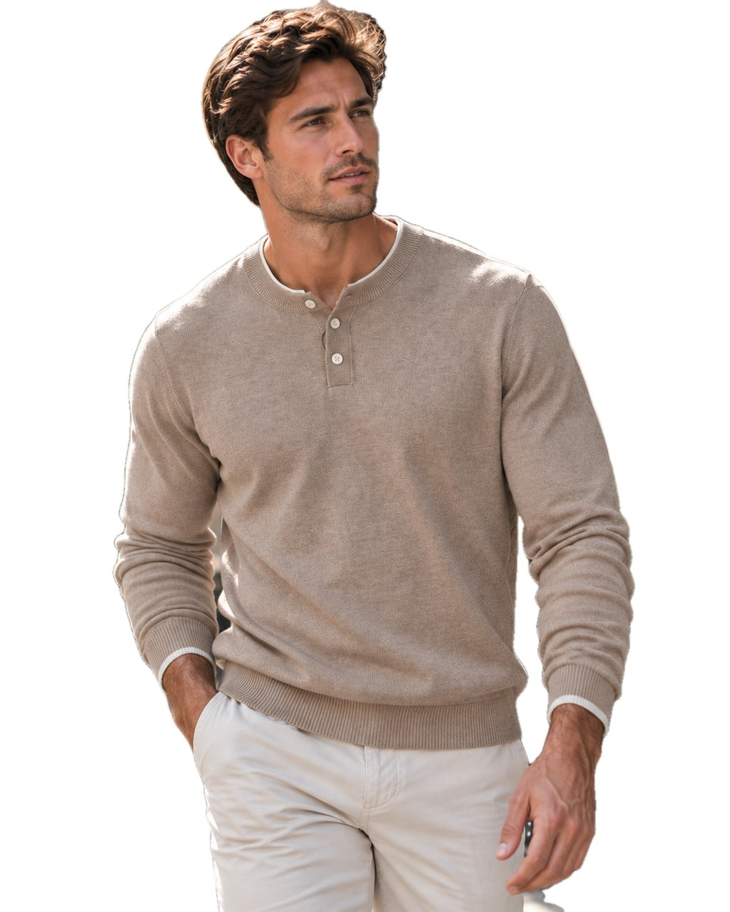 Regular Fit Knit Henley Sweater Long Sleeve on white