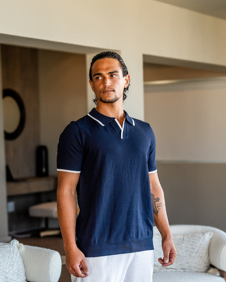 Regular Fit Knit Open Collar Polo Contrast Tipping Set of 2 Navy 2