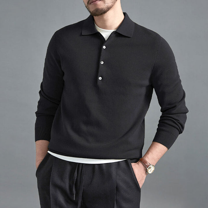 Regular Fit Knit Polo Sweater Button Placket Black 1