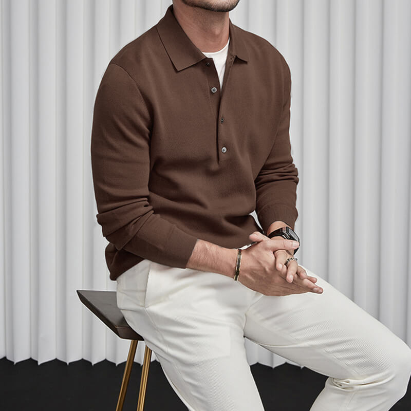 Regular Fit Knit Polo Sweater Button Placket Brown 1