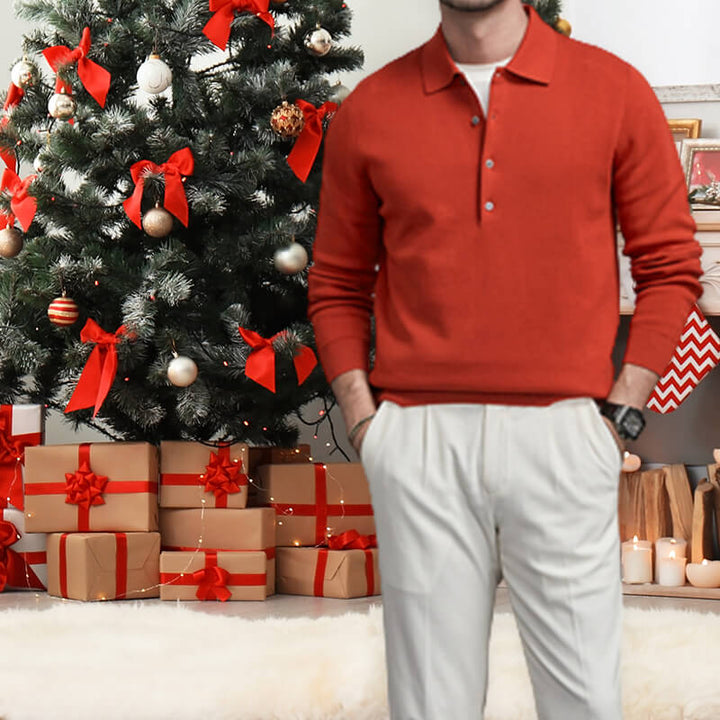 Regular Fit Knit Polo Sweater Button Placket Red 1