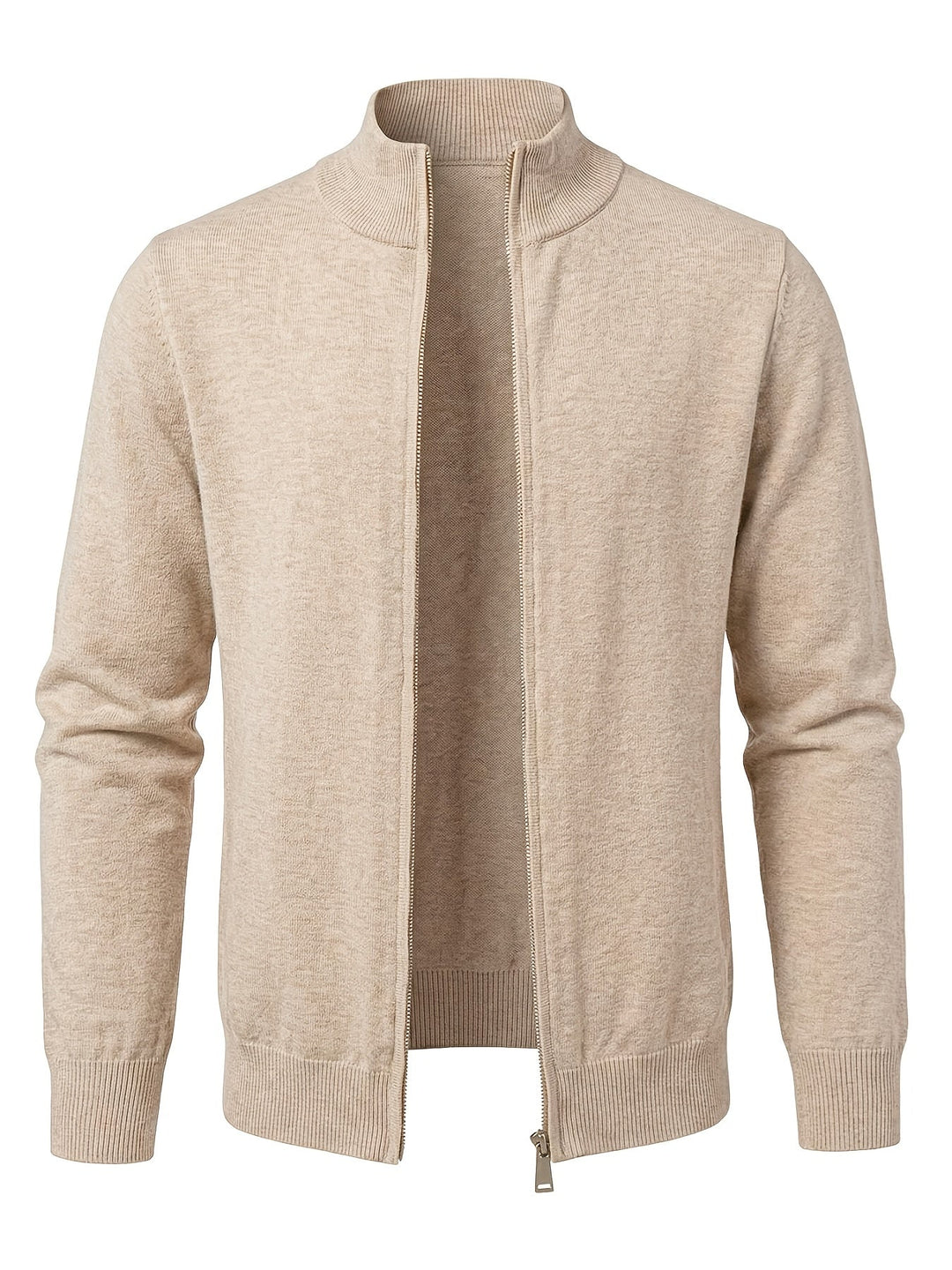 Regular Fit Knit Zip Cardigan Stand Collar Beige 1