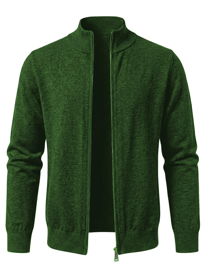 Regular Fit Knit Zip Cardigan Stand Collar Green 1