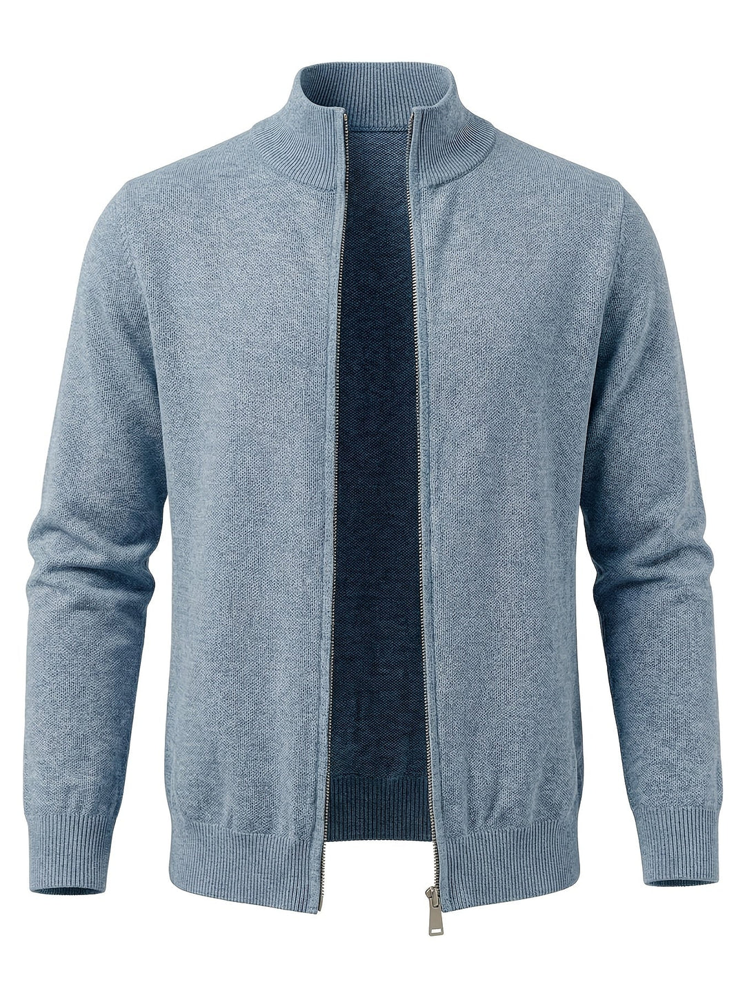 Regular Fit Knit Zip Cardigan Stand Collar Light Blue 1