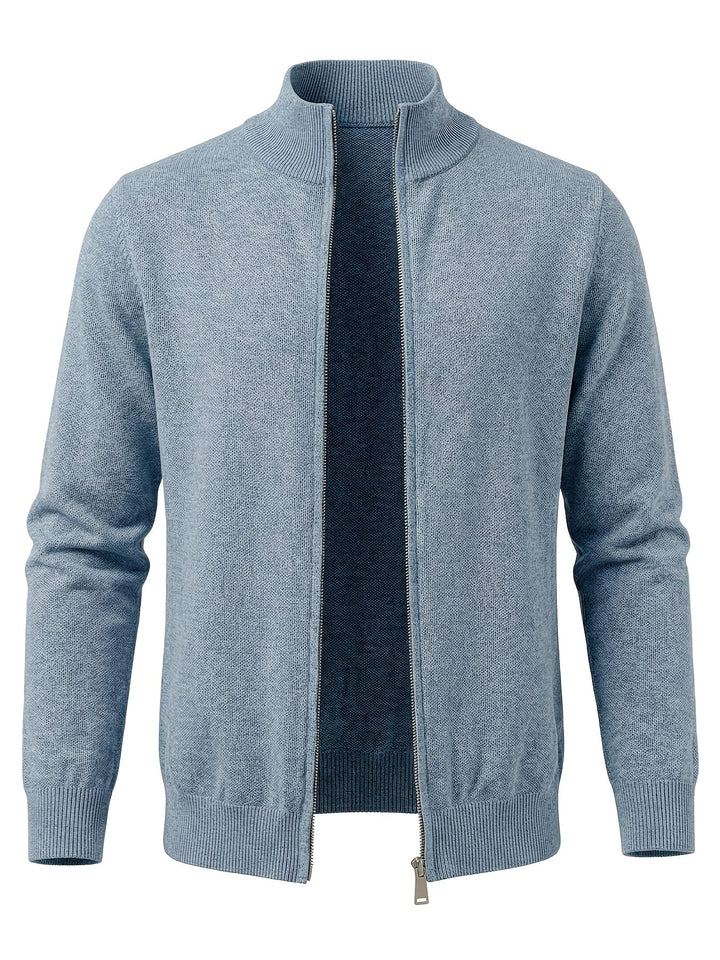 Regular Fit Knit Zip Cardigan Stand Collar Light Blue 1