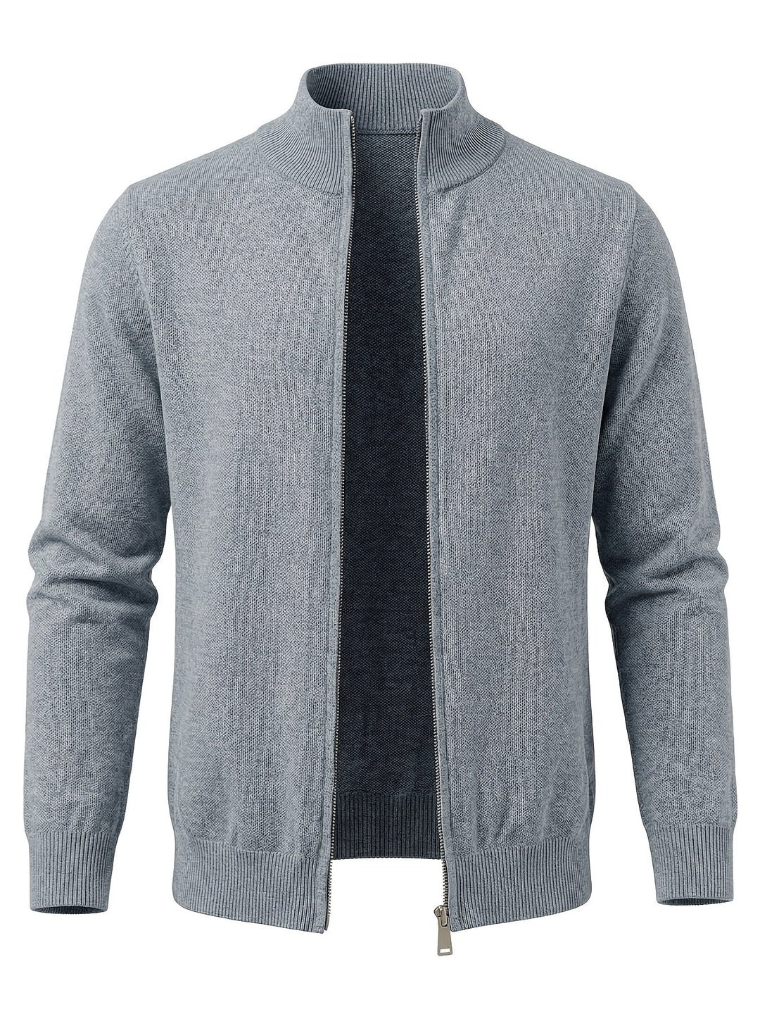 Regular Fit Knit Zip Cardigan Stand Collar Light Gray 1