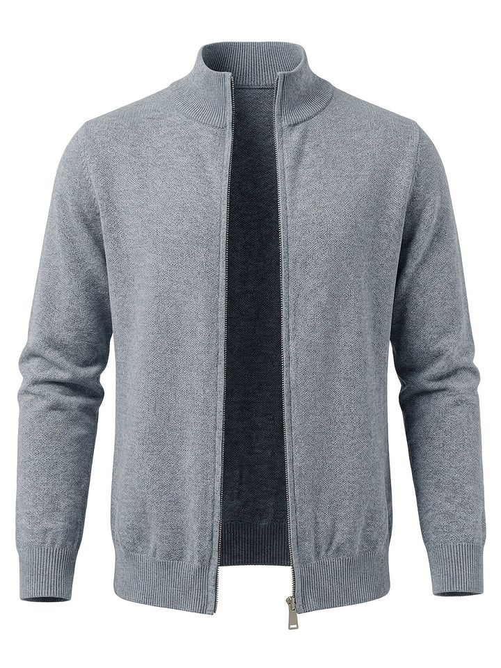 Regular Fit Knit Zip Cardigan Stand Collar Light Gray 1