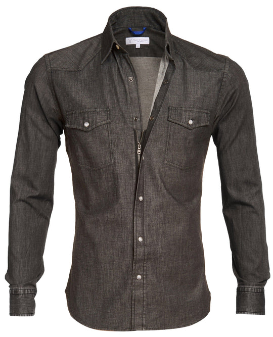 Regular Fit Lightweight Denim Western Shirt Zip Front Black 1