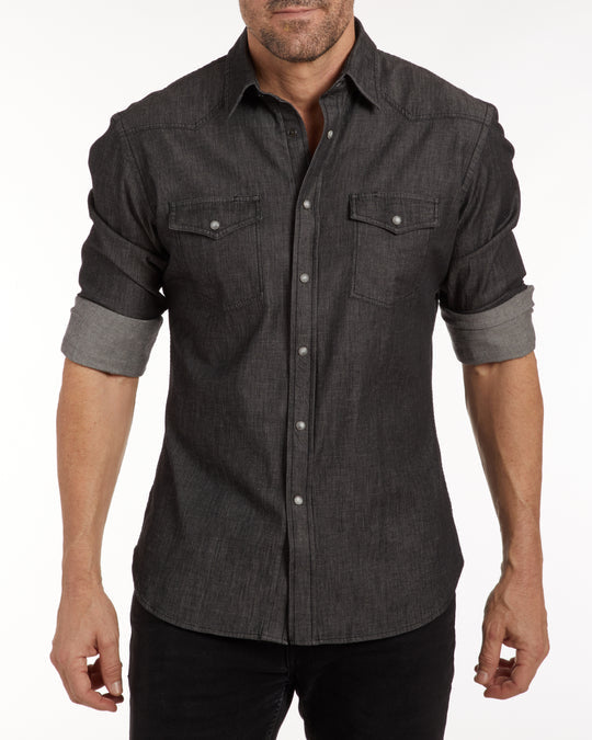 Regular Fit Lightweight Denim Western Shirt Zip Front Black 4