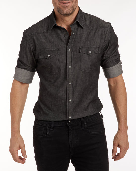 Regular Fit Lightweight Denim Western Shirt Zip Front Black 5