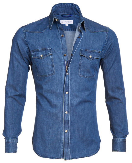 Regular Fit Lightweight Denim Western Shirt Zip Front Blue 1