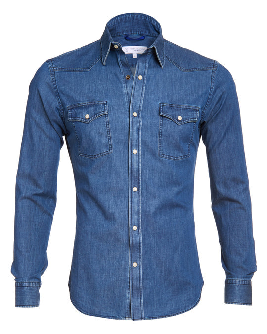 Regular Fit Lightweight Denim Western Shirt Zip Front Blue 3