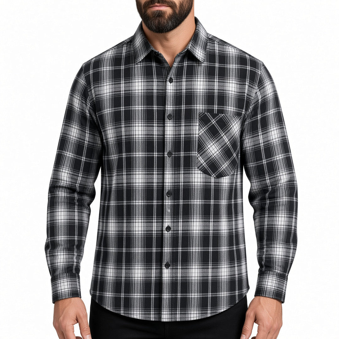 Regular Fit Plaid Long Sleeve Button Up Shirt Black White Plaid 1