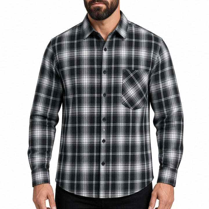 Regular Fit Plaid Long Sleeve Button Up Shirt Black White Plaid 1