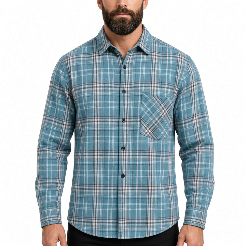 Regular Fit Plaid Long Sleeve Button Up Shirt Blue Plaid 1