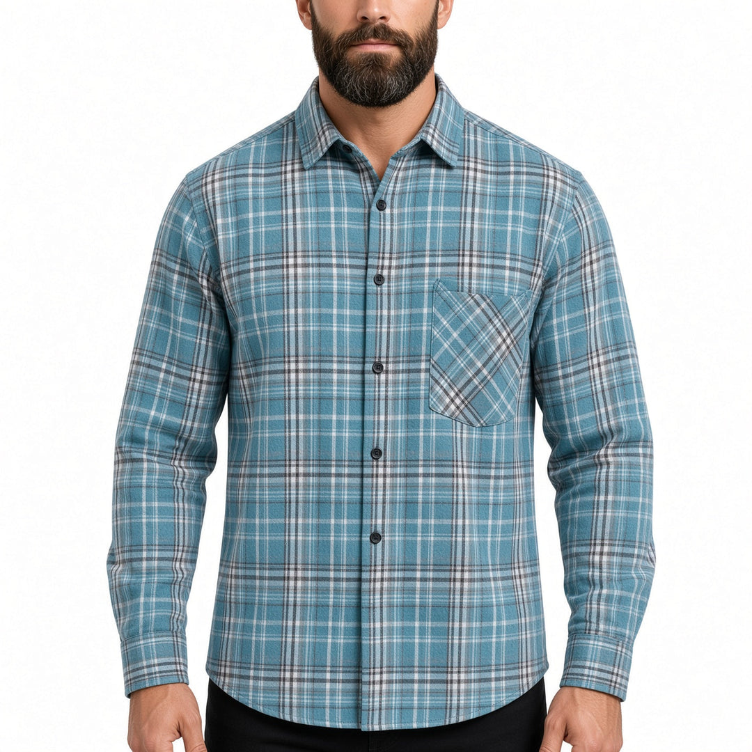Regular Fit Plaid Long Sleeve Button Up Shirt Blue Plaid 1