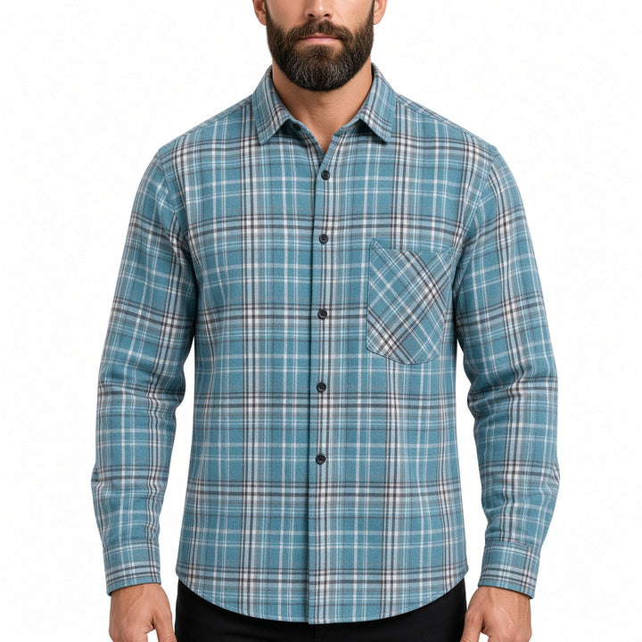 Regular Fit Plaid Long Sleeve Button Up Shirt Blue Plaid 1