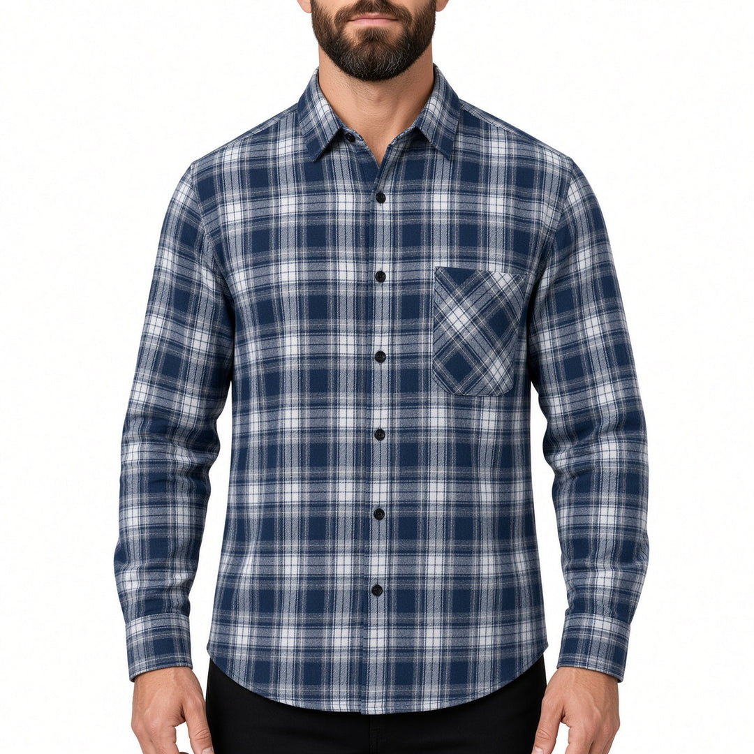 Regular Fit Plaid Long Sleeve Button Up Shirt Navy Plaid 1