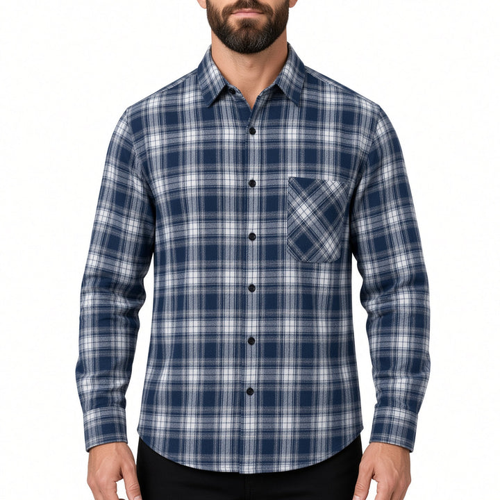 Regular Fit Plaid Long Sleeve Button Up Shirt Navy Plaid 1