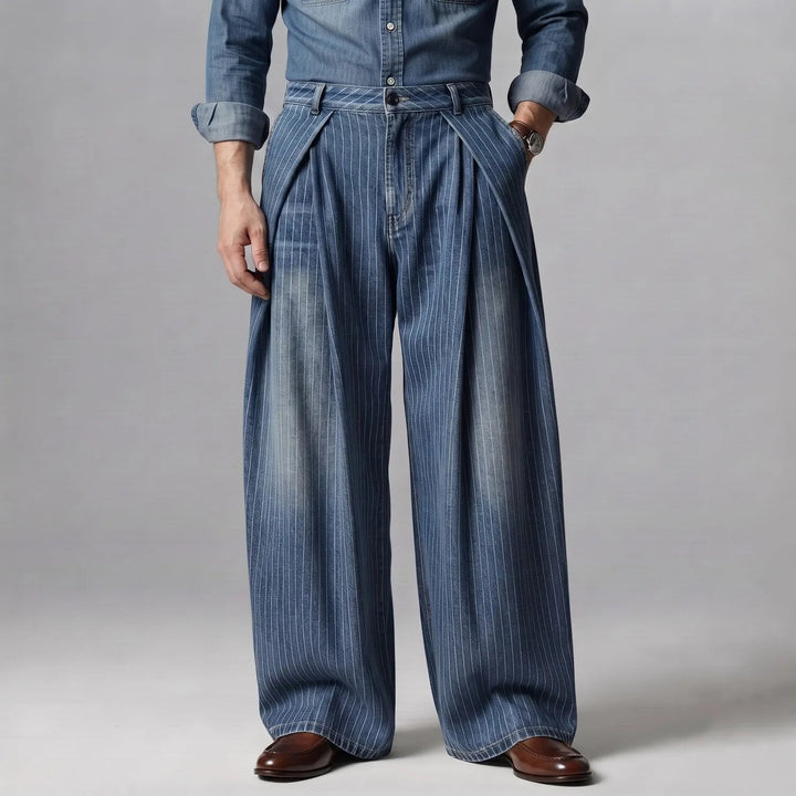 Regular Fit Pleated Wide Leg Pinstripe Denim Pants Blue 1