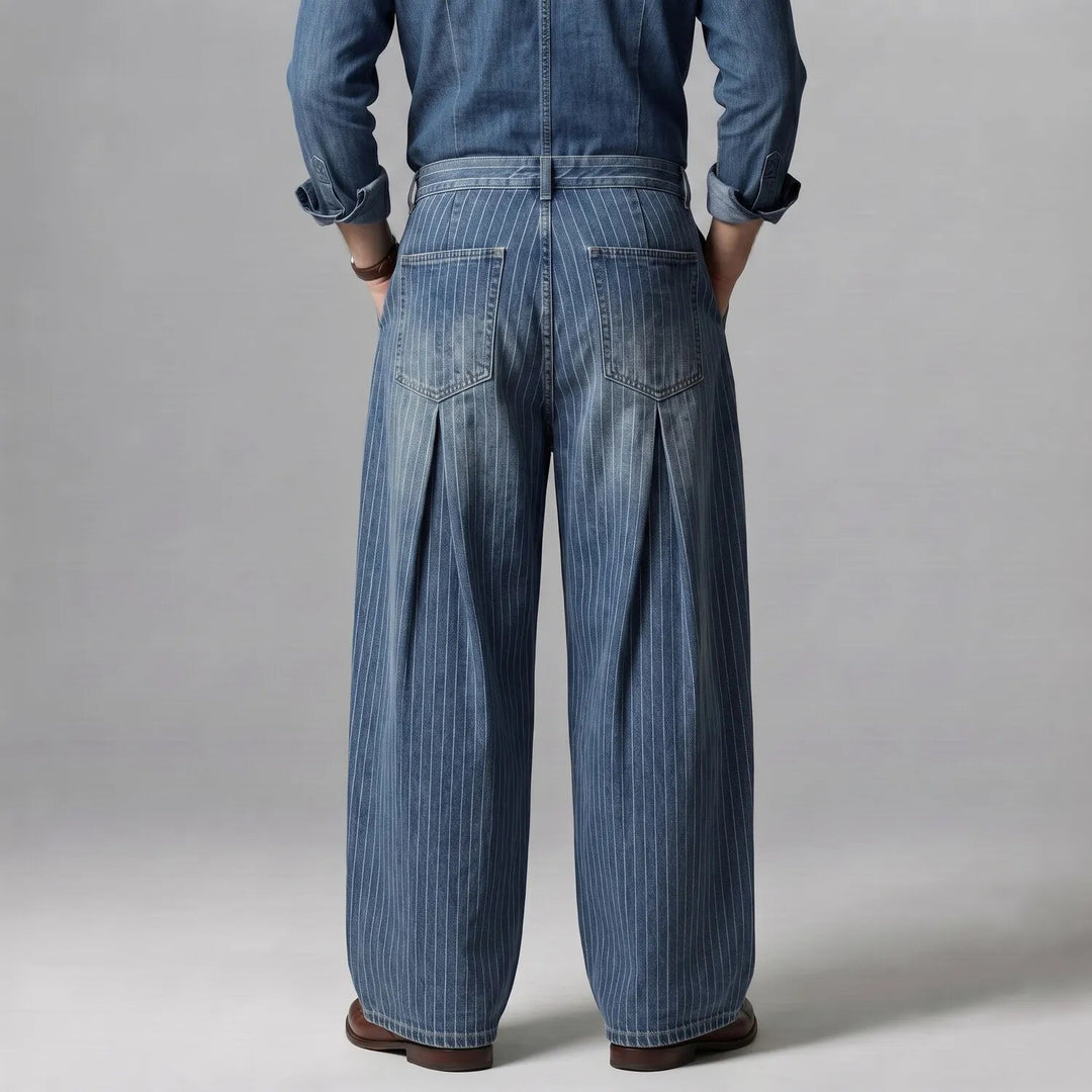 Regular Fit Pleated Wide Leg Pinstripe Denim Pants Blue 2