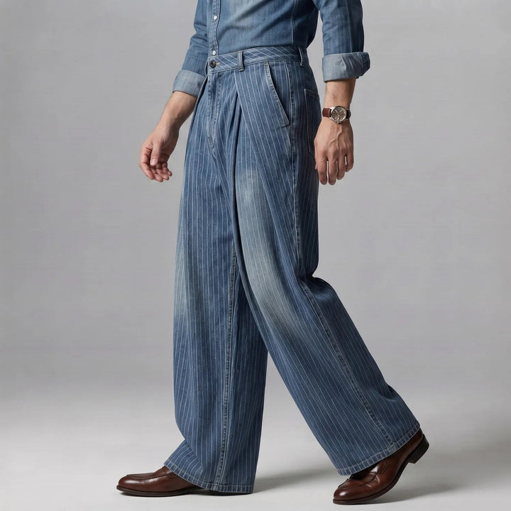 Regular Fit Pleated Wide Leg Pinstripe Denim Pants Blue 3