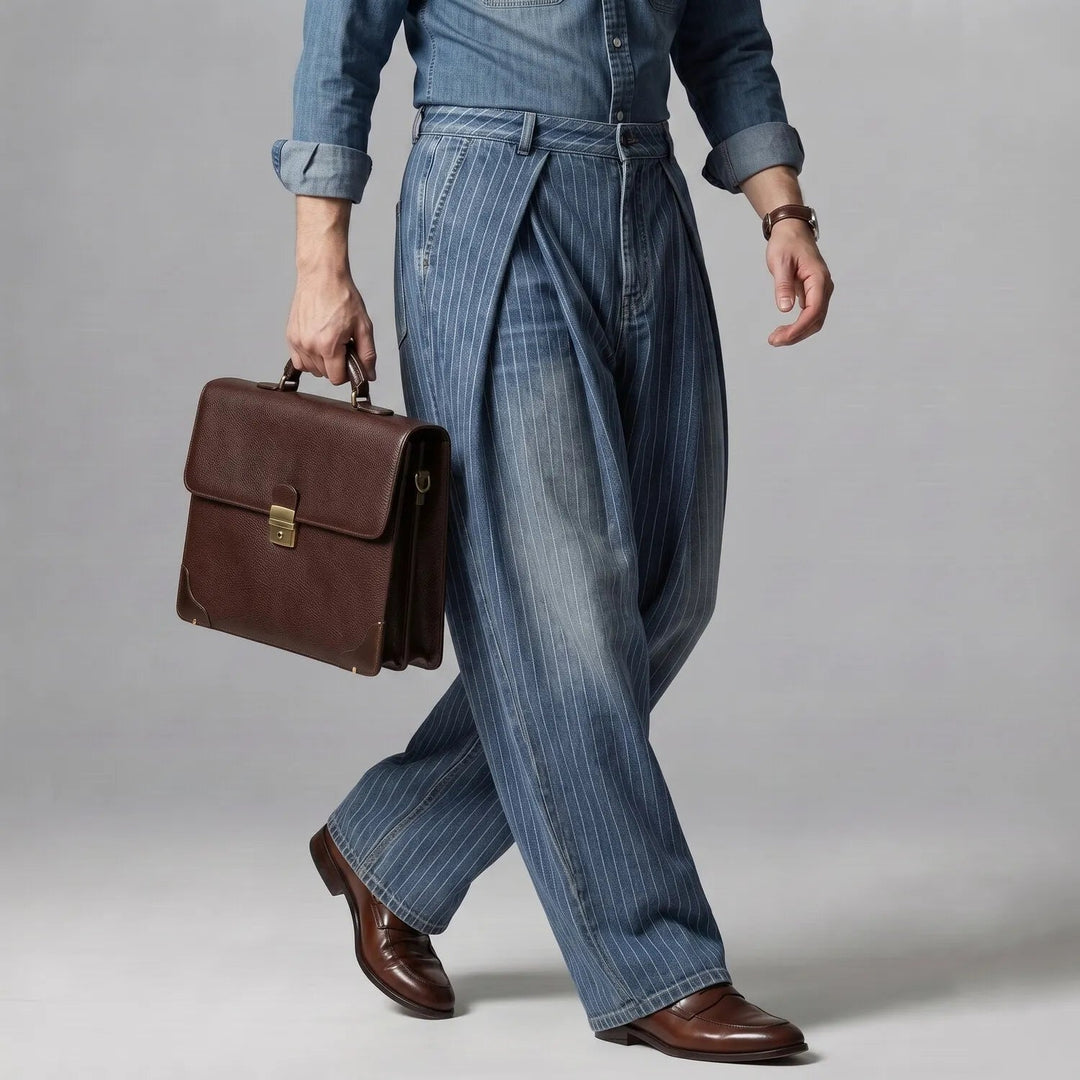 Regular Fit Pleated Wide Leg Pinstripe Denim Pants Blue 4