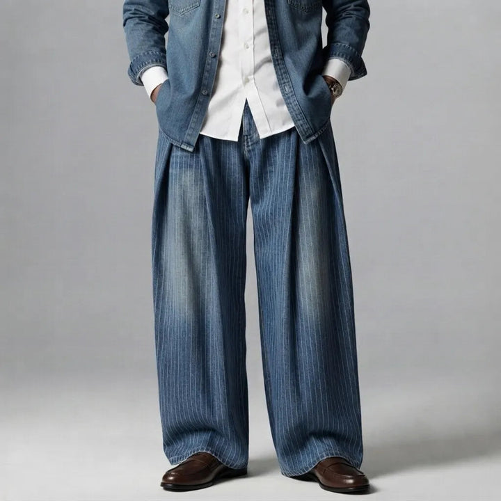 Regular Fit Pleated Wide Leg Pinstripe Denim Pants Blue 5