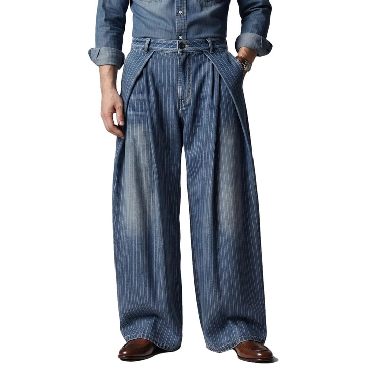 Regular Fit Pleated Wide Leg Pinstripe Denim Pants on white