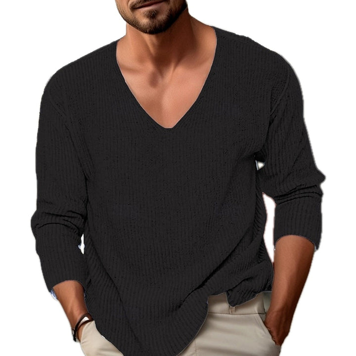 Regular Fit Ribbed V Neck Sweater Long Sleeve Black 1
