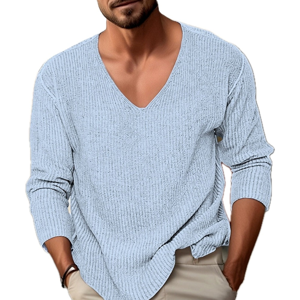 Regular Fit Ribbed V Neck Sweater Long Sleeve Light Blue 1