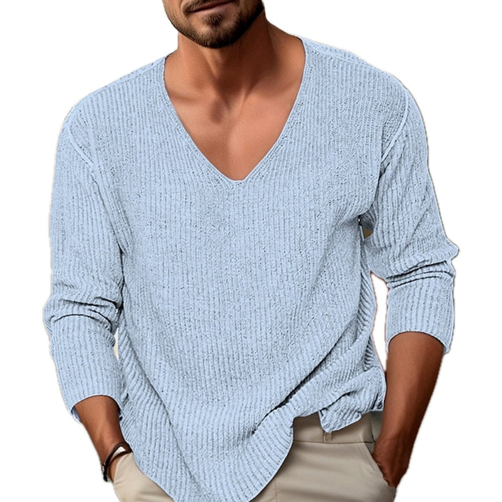 Regular Fit Ribbed V Neck Sweater Long Sleeve Light Blue 1