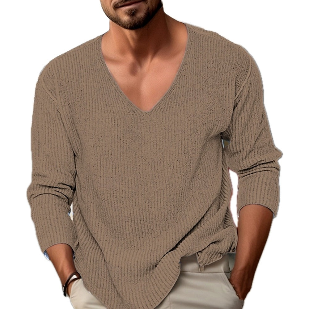 Regular Fit Ribbed V Neck Sweater Long Sleeve Tan 1