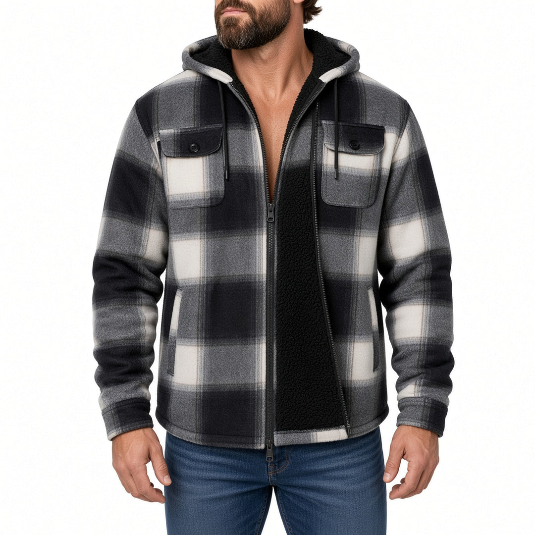 Regular Fit Sherpa Lined Hooded Plaid Shirt Jacket Black Cream Plaid 1