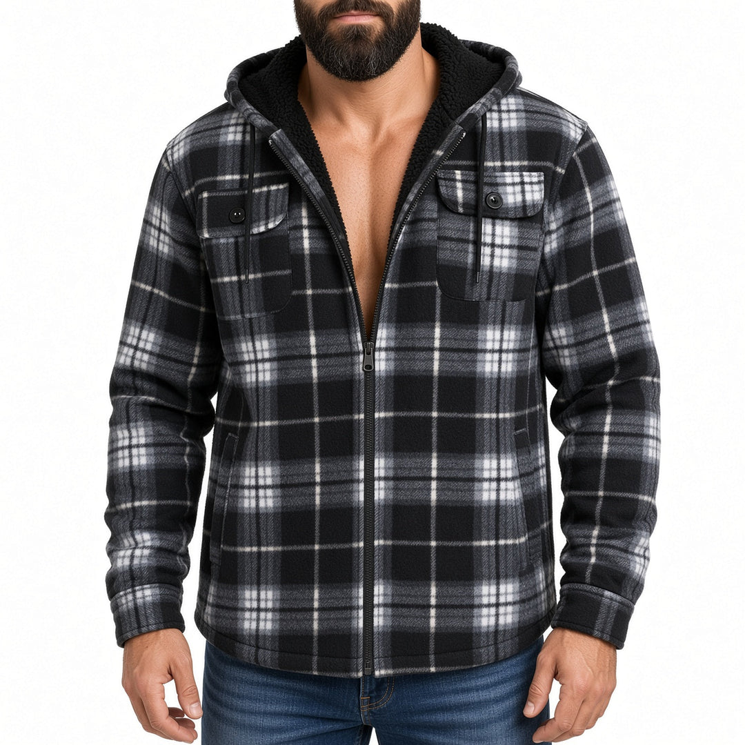 Regular Fit Sherpa Lined Hooded Plaid Shirt Jacket Black White Plaid 1